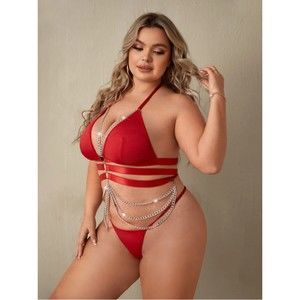 14 & 16 Plus PRILIN Red Chain Linked Halter Wireless Lingerie Set